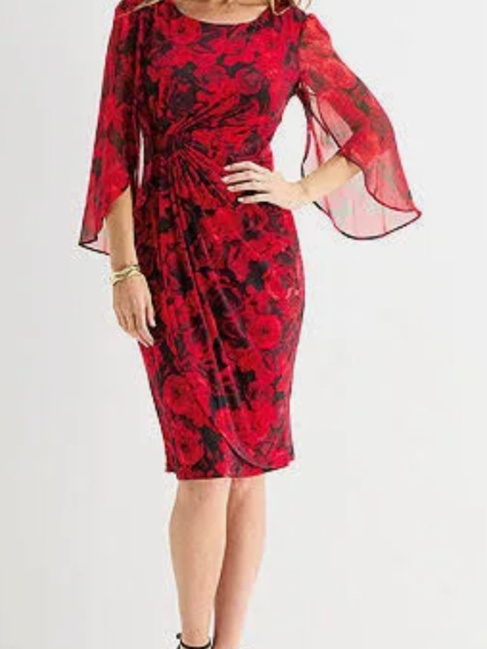 Connected Apparel Red & Black Floral Sheath Dress with Flutter Sleeves